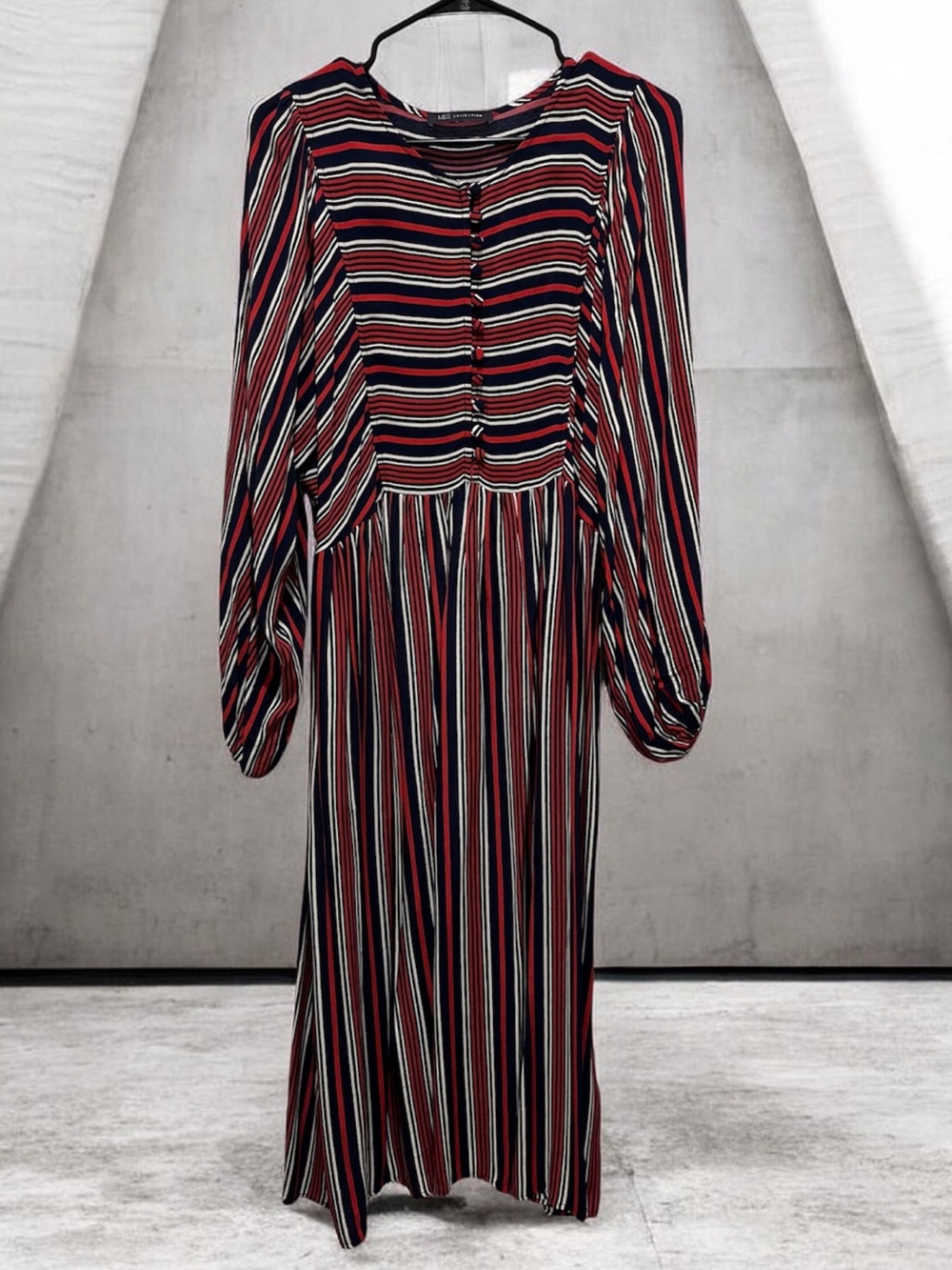 Striped Long Sleeve Midi Dress in Red Blue and White
